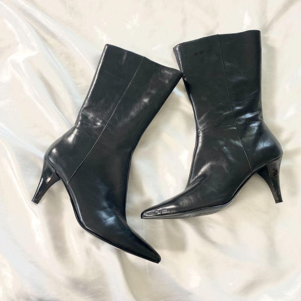 Bandolino 90s Style Ultra Pointy Black Stiletto Kitten Heel Leather Boots US 7